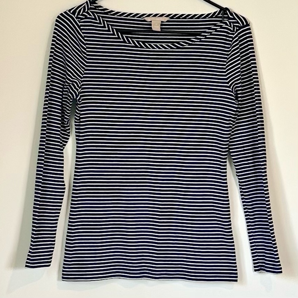 Banana Republic Navy and White Boatneck Striped Long Sleeve Top - Size: Small